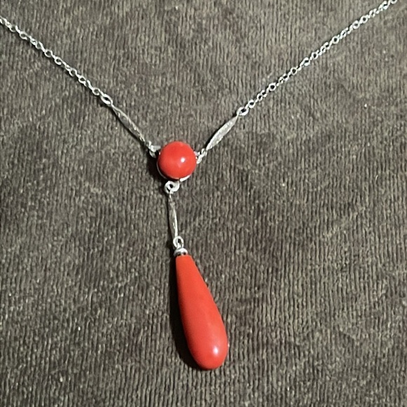 Sterling Vtg real solid Silver Red Carnelian Lavalier Necklace 16” Fine Jewelry